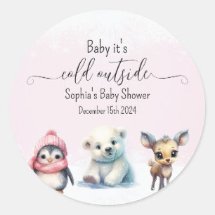 Roze Winter Koud Buiten Meisje Baby shower Ronde Sticker