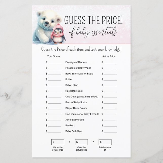 Roze Winter Meisje Baby shower Gissen Spel