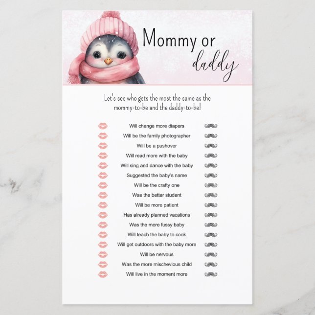 Roze Winter Meisje Baby shower Mama of Pappa Game (Voorkant)