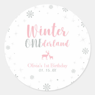 Roze Winter Onderland 1e Verjaardag Party Favor Ronde Sticker