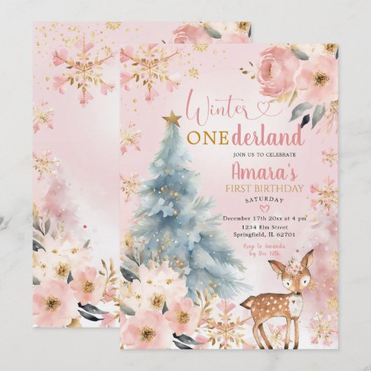 Roze Winter Onderland Bloemenbos Herten Verjaardag Kaart (Voorkant / Achterkant)