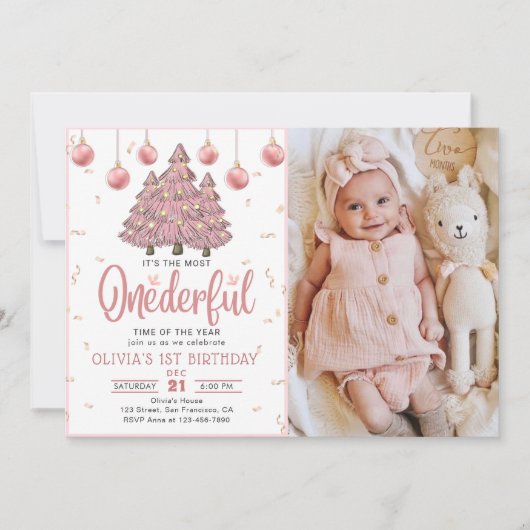 Roze Winter Onederful Kerstbomen Verjaardag Kaart (Voorkant)