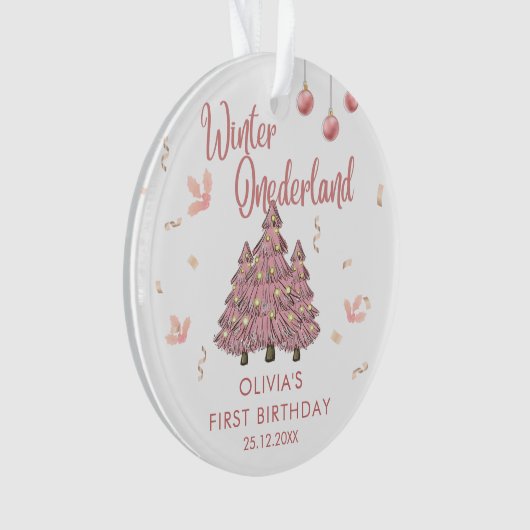 Roze Winter ONEderland 1e Verjaardag Kerstboom Ornament (voorkant)