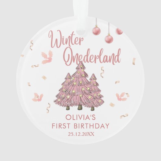 Roze Winter ONEderland 1e Verjaardag Kerstboom Ornament (achterkant)