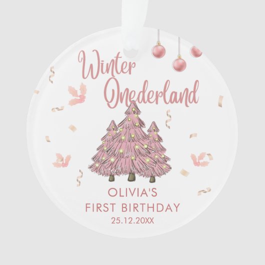 Roze Winter ONEderland 1e Verjaardag Kerstboom Ornament (voorkant)