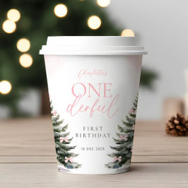 Roze Winter Onederland 1e Verjaardag Papieren Bekers