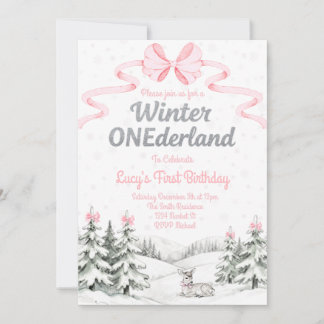 Roze Winter Onederland 1e verjaardagsuitnodiging Kaart
