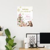 Roze winter onederland bos begroetingsbord poster (Thuiskantoor)