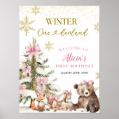 Roze winter onederland bos begroetingsbord poster (Voorkant)