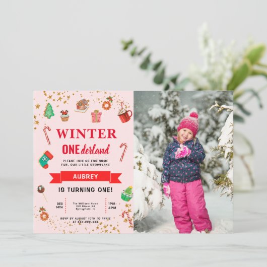 Roze Winter Onederland Eerste uitnodiging op zater (Staand voorkant)