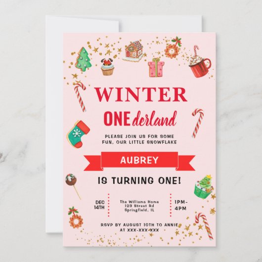 Roze Winter Onederland Eerste verjaardag Kaart (Voorkant)