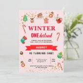 Roze Winter Onederland Eerste verjaardag Kaart (Staand voorkant)