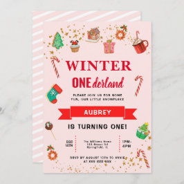 Roze Winter Onederland Eerste verjaardag Kaart