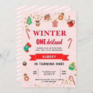 Roze Winter Onederland Eerste verjaardag Kaart