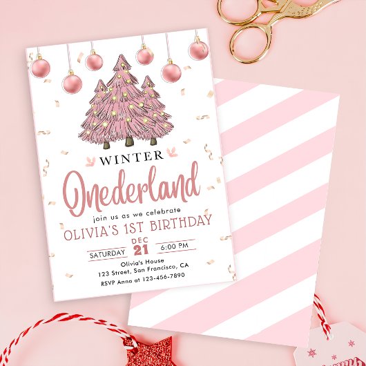 Roze Winter Onederland Kerstbomen Verjaardag Kaart