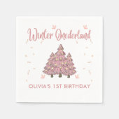 Roze Winter Onederland Kerstboom Verjaardag Servet (Voorkant)