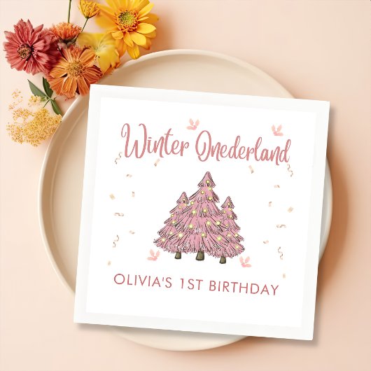 Roze Winter Onederland Kerstboom Verjaardag Servet