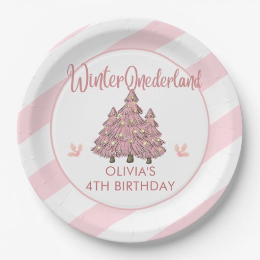 Roze Winter Onederland Kerstfeest Papieren Bordje (Voorkant)