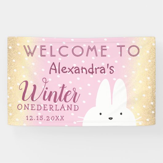 Roze Winter Onederland Konijn Feestje Spandoek (Horizontaal)