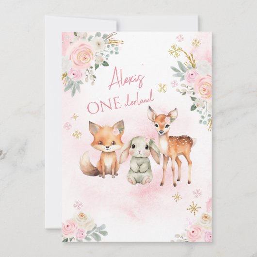 Roze winter onederland meisje verjaardag uitnodigi kaart (Achterkant)