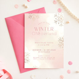 Roze Winter Onederland Sneeuwvlok 1e Verjaardag Kaart