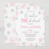 Roze Winter Onederland Sneeuwvlokken Eerste Verjaa Kaart (Voorkant / Achterkant)