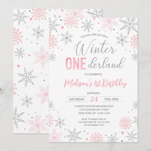 Roze Winter Onederland Sneeuwvlokken Eerste Verjaa Kaart (Voorkant / Achterkant)