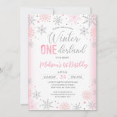 Roze Winter Onederland Sneeuwvlokken Eerste Verjaa Kaart (Voorkant)