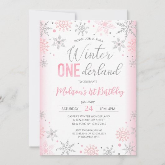 Roze Winter Onederland Sneeuwvlokken Eerste Verjaa Kaart (Voorkant)