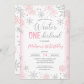 Roze Winter Onederland Sneeuwvlokken Eerste Verjaa Kaart (Voorkant / Achterkant)