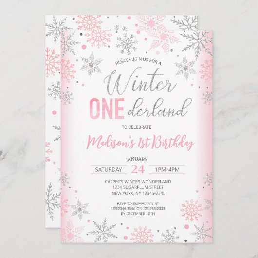 Roze Winter Onederland Sneeuwvlokken Eerste Verjaa Kaart (Voorkant / Achterkant)