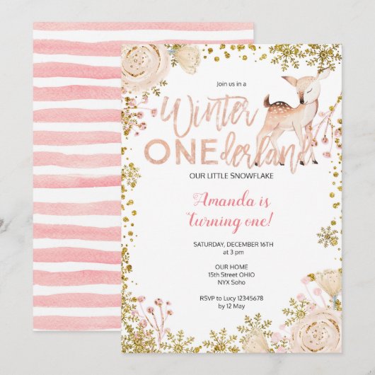 Roze Winter ONEderland Snow Birthday Invite Kaart (Voorkant / Achterkant)