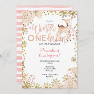 Roze Winter ONEderland Snow Birthday Invite Kaart