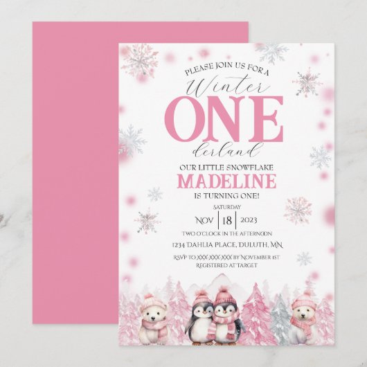 Roze Winter ONEderland Uitnodiging (Voorkant / Achterkant)