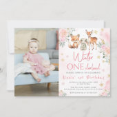 Roze winter onederland verjaardag foto uitnodiging (Voorkant)