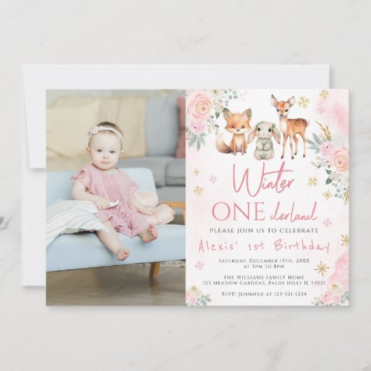 Roze winter onederland verjaardag foto uitnodiging (Voorkant)