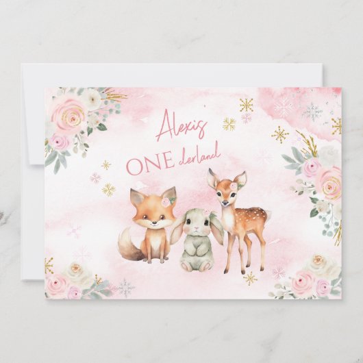 Roze winter onederland verjaardag foto uitnodiging (Achterkant)