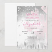 Roze Winter Onederland Verjaardag uitnodiging (Voorkant / Achterkant)