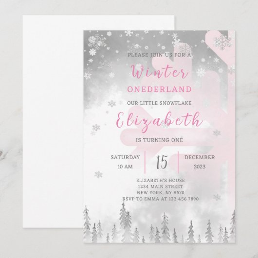 Roze Winter Onederland Verjaardag uitnodiging (Voorkant / Achterkant)