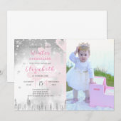 Roze Winter Onederland Verjaardag Uitnodiging Foto (Voorkant / Achterkant)