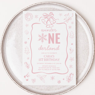 Roze Winter Onederland Verjaardagsfeestje Kaart