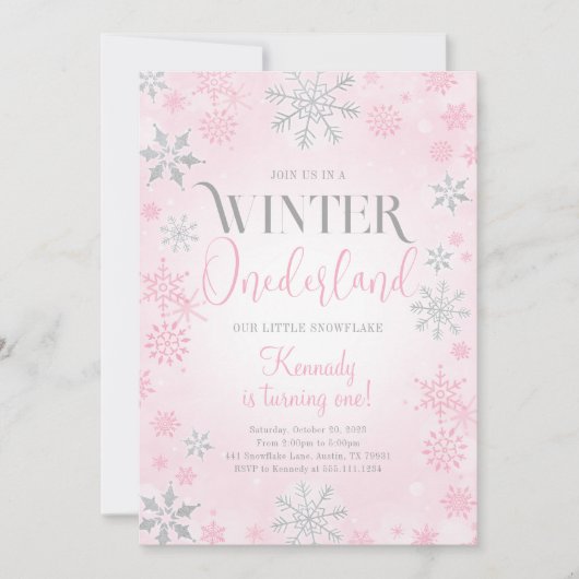 Roze Winter Onederland Verjaardagsfeestje Uitnodig Kaart (Voorkant)