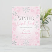 Roze Winter Onederland Verjaardagsfeestje Uitnodig Kaart (Staand voorkant)