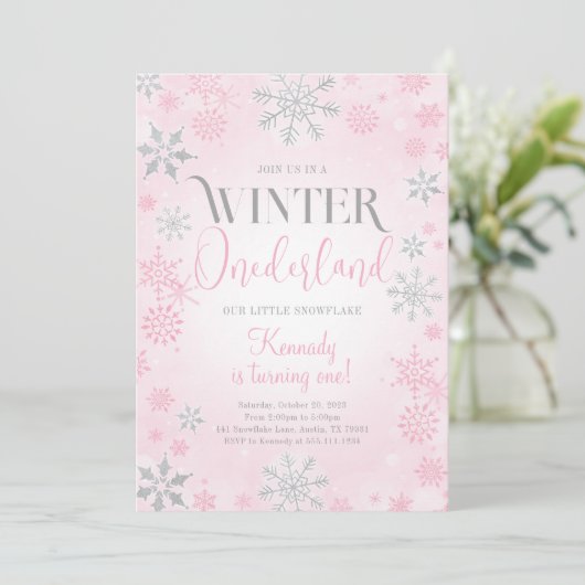 Roze Winter Onederland Verjaardagsfeestje Uitnodig Kaart (Staand voorkant)