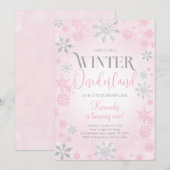 Roze Winter Onederland Verjaardagsfeestje Uitnodig Kaart (Voorkant / Achterkant)