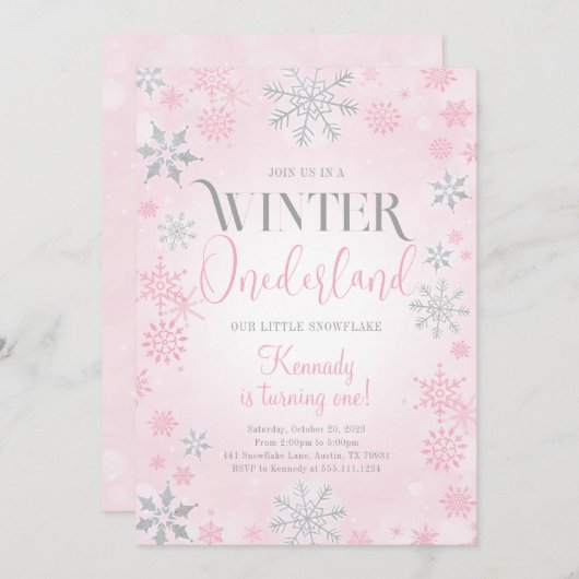 Roze Winter Onederland Verjaardagsfeestje Uitnodig Kaart (Voorkant / Achterkant)