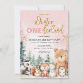 Roze Winter Onederland Woodland 1e verjaardag Kaart (Voorkant)