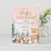 Roze Winter Onederland Woodland 1e verjaardag Kaart (Staand voorkant)