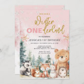 Roze Winter Onederland Woodland 1e verjaardag Kaart (Voorkant / Achterkant)