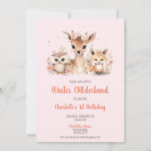 Roze Winter Onederland Woodland Verjaardag Kaart (Voorkant)